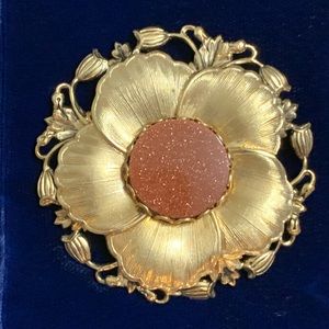 Antique Goldstone Gold Vermeil Flower Brooch